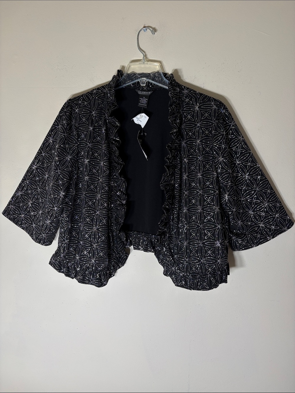 Glamour Sparkling Black Patterned Ruffle Open Front Jacket. 1X. NWT.